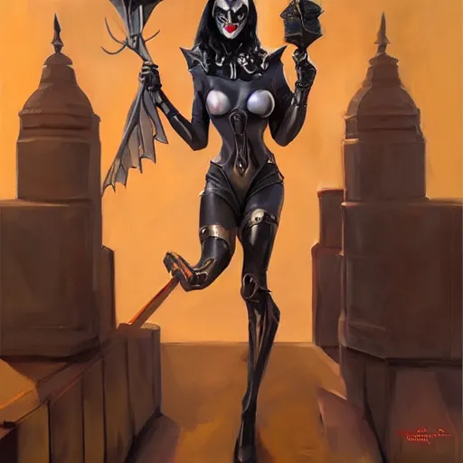 Image similar to greg manchess portrait painting of armored morticia from addams family as overwatch character, medium shot, asymmetrical, profile picture, organic painting, sunny day, matte painting, bold shapes, hard edges, street art, trending on artstation, by huang guangjian and gil elvgren and greg rutkowski