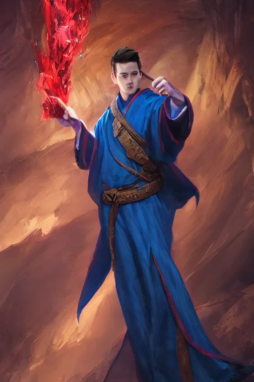 Prompt: Picture of handsome young wizard, Red and blue robes, short dark blue hair, book in hand, no hat, casting pose, dungeon and dragons, artstationHQ, artstationHD, trending in artstation, gelbooru, high fantasy, matte painting, colorful, ultra HD, 8k