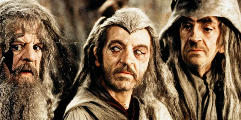 Image similar to A full color still of young Ringo Star in Gandalf movie makeup and costume, in The Lord of the Rings directed by Stanley Kubrick,