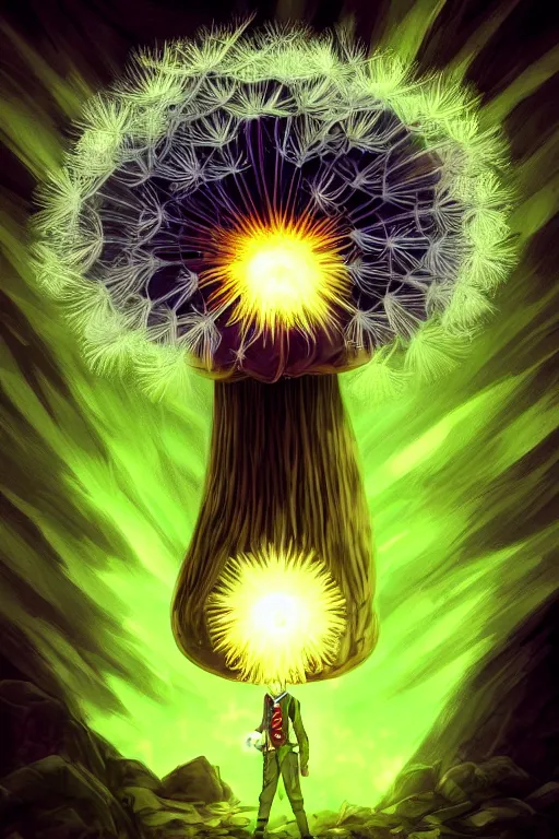 Image similar to nuclear mushroom cloud dandelion male anime character, symmetrical, highly detailed, digital art, sharp focus, trending on art station, green eyes, glowing radioactive colours
