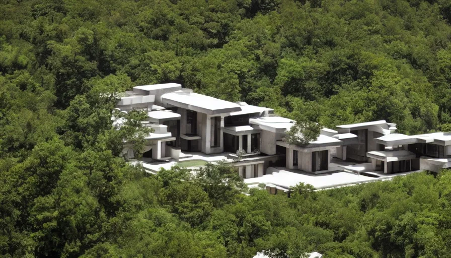 Image similar to villa inspired by tibetan architecture, on a green hill, overlooking a valley with trees, frank lloyd wright, zaha hadid, le corbeusier, photorealistic, birds eye view