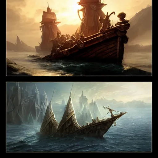 Image similar to D&D medieval fantasy boat ship, Uncharted concept art, naval background, wide angle shot, highly detailed, magic the gathering, fantasy, digital painting, artstation, concept art, smooth, sharp focus, illustration, award-winning 4k art by artgerm and greg rutkowski and alphonse mucha