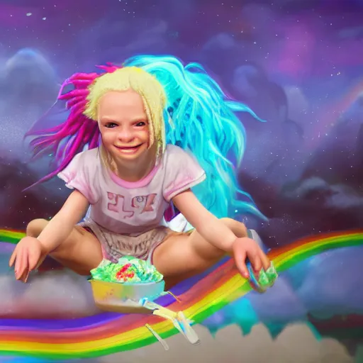 Image similar to An epic fantasy comic book style portrait painting of an adorable little albino girl with blonde dreads eating ice cream, smiling, sitting on top of a rainbow, high quality, stars, rainbow, care bear land with my little pony vibes, atmospheric fantasy setting, unreal 5, DAZ, hyperrealistic, octane render, RPG portrait, ambient light, dynamic lighting