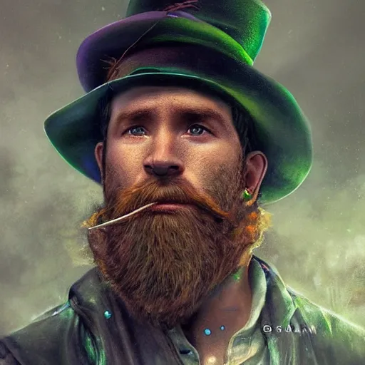 Image similar to hyperrealistic mixed media image of a ryan reynolds disguised as a leprechaun, stunning 3 d render inspired art by istvan sandorfi and greg rutkowski, perfect facial symmetry, realistic, highly detailed attributes and atmosphere, dim volumetric cinematic lighting, 8 k octane extremely hyper - detailed render, post - processing, masterpiece,