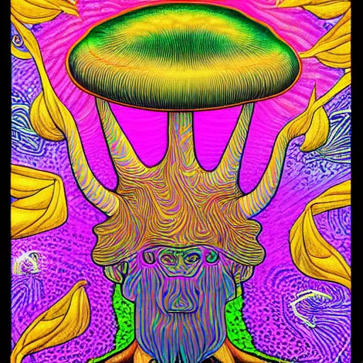 Image similar to Terence McKenna reincarnated as a magic mushroom. in style of Alex Grey, highly detailed, blacklight poster