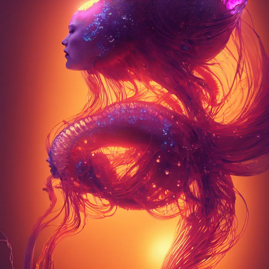 Image similar to goddess close-up portrait. orchid jellyfish phoenix head, nautilus, skull, betta fish, bioluminiscent creatures, intricate artwork by Tooth Wu and wlop and beeple. octane render, trending on artstation, greg rutkowski very coherent symmetrical artwork. cinematic, hyper realism, high detail, octane render, 8k