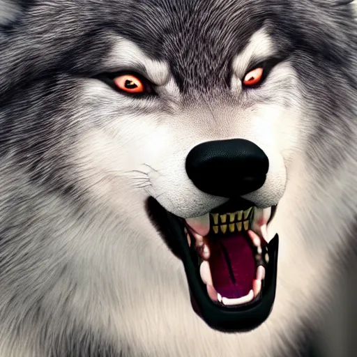 Image similar to portrait art of 8k ultra realistic Wolf close-up, drool coming from mouth, sharp teeth, cinematic lighting, trending on artstation, 4k, hyperrealistic, focused, extreme details, unreal engine 5, cinematic, masterpiece
