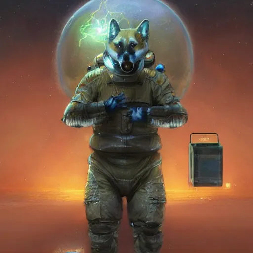 Image similar to realistic anthropomorphic shiba inu, in radiation suit armor, fantasy science fiction, glowing electric aura, by donato giancola and greg rutkowski and wayne barlow and zdzisław beksinski, realistic face, visible face, digital art, artstation, symmetry