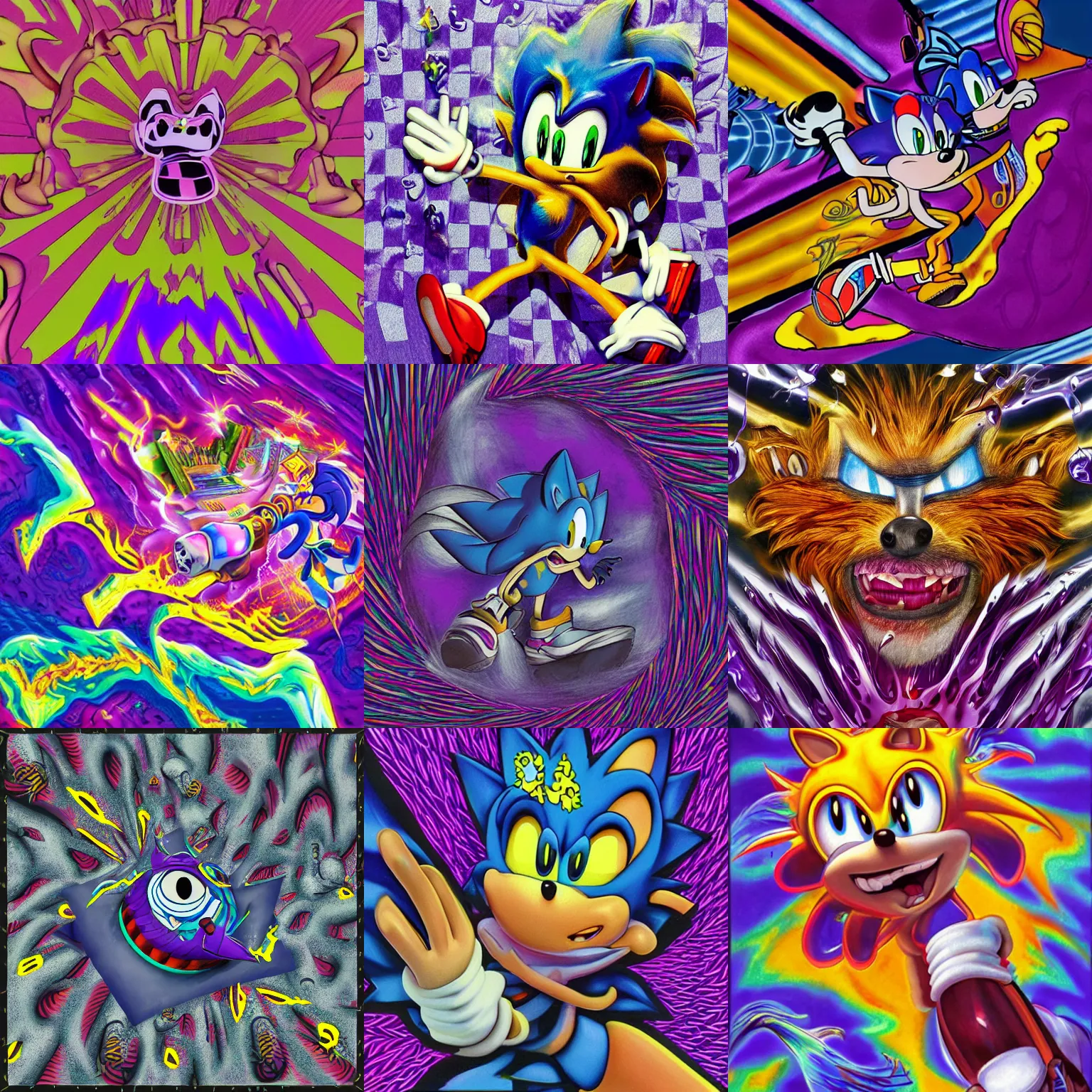 Prompt: surreal, faded, totally radical detailed professional, high quality airbrush art MGMT album cover of a liquid dissolving LSD DMT sonic the hedgehog on a flat purple checkerboard plane, 1990s 1992 prerendered graphics raytraced phong shaded album cover, in the style of John Kricfalusi