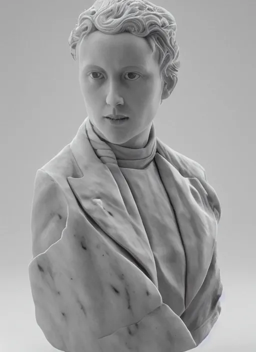 Prompt: an orthographic bust white marble sculpture of modern scarlet Johannsen, by Wes Anderson
