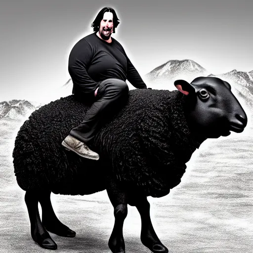 Prompt: morbidly obese keanu reeves riding a sheep, photo, detailed, 4 k