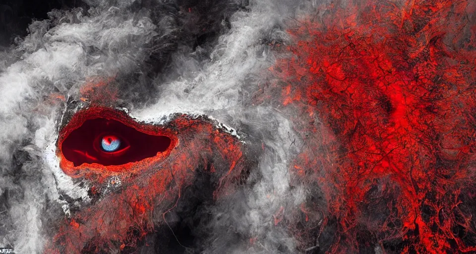 Image similar to a volcano made of ivory vines and crimson rocks enters in eruption, it spits a smoke in the shape of demonic eye, from Warcraft