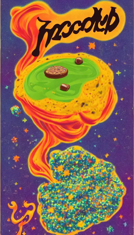 Image similar to pulp cover of a magical chocolate chunks cookie, wizard, fantasy, tetrahydrocannabinol, thc, hallucination, colored smoke, sparkles, sativa, indica, illustration, 5 0 s, risography,