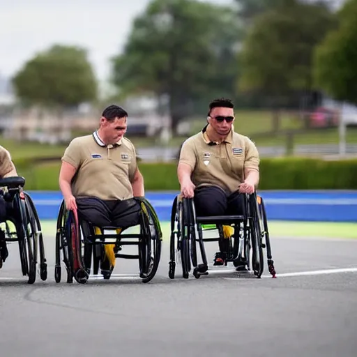 Image similar to men in khaki on wheelchairs with turbo engines compete on a race track