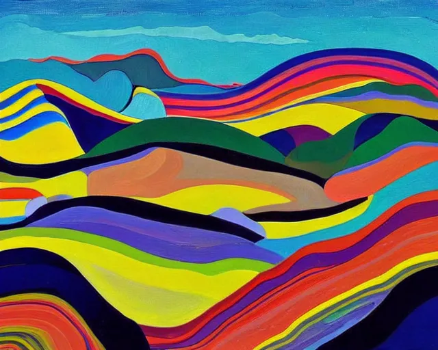 Image similar to A wild, insane, modernist landscape painting. Wild energy patterns rippling in all directions. Curves, organic, zig-zags. Saturated color. Mountains. Clouds. Rushing water. Wayne Thiebaud. Lisa Yuskavage landscape.