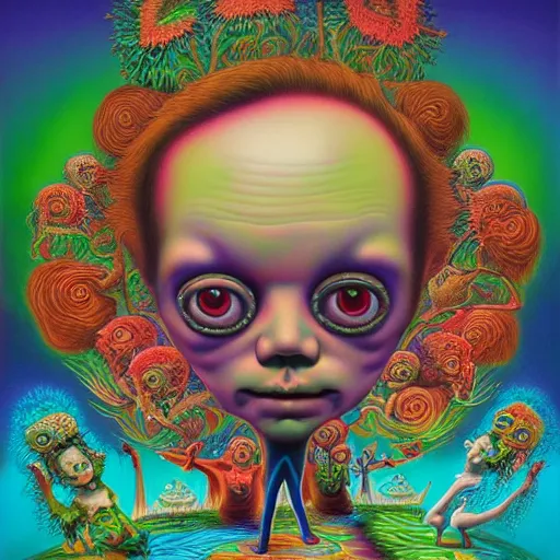 Prompt: Psychedelic LSD experience with insane trippy visuals in the style of an album cover by Mark Ryden and Alex Gross, Todd Schorr ,highly detailed, 8k UHD