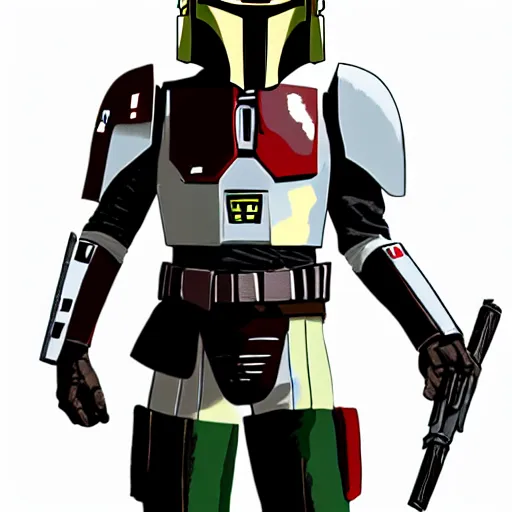 Image similar to Levi Ackerman wearing Mandalorian armor, holding his helmet. The armor is gray, red, gold, green, and white