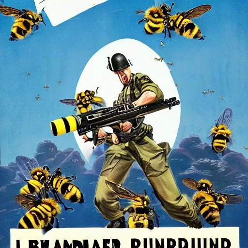 Prompt: + a security guard slumps sleeping at a computer + a swarm of bumblebees carries a weapon, highly detailed, ww 2 american propoganda poster, colorized