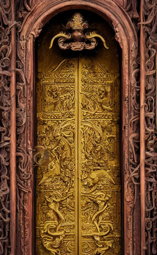 Prompt: beautiful painting of a temple entrance, symmetrical brass griffon statues, large door at the top of stairs, paper texture, detailed, ornate, art deco, golden hour, rust, metal rivets