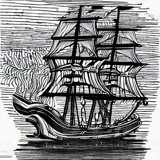 Image similar to black and white silhouette of a pirate ship digital art, clean line art