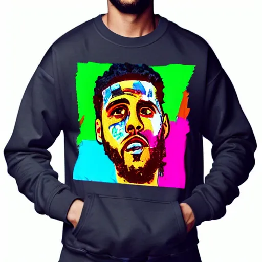 Prompt: portrait of j cole in a sweatshirt in the style of basquiat, colorful, artistic, vibrant, high fashion, art