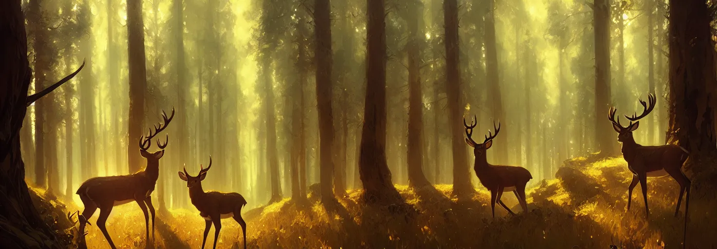 Image similar to Deer in Sherwood Forest, full frame, highly detailed, digital painting, artstation, concept art, smooth, sharp focus, illustration, art greg rutkowski and alphonse mucha