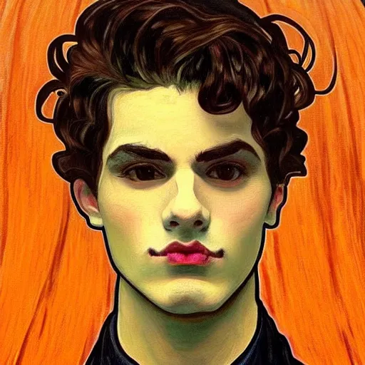 Image similar to painting of young cute handsome beautiful dark medium wavy hair man in his 2 0 s named shadow taehyung at the halloween pumpkin matcha party, straight nose, depressed, melancholy, autumn, elegant, clear, painting, stylized, delicate, soft facial features, delicate facial features, soft art, art by alphonse mucha, vincent van gogh, egon schiele