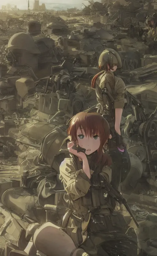 Prompt: anime style, modern warfare, panoramic view of girl under artillery fire, trench and sandbags in background, soldier clothing, hair down, symmetrical facial features, from arknights, wallpaper, trending pixiv, safebooru, volumetric modelling, think in 3 d, by alphonse mucha, greg rutkowski, sharp focus, backlit