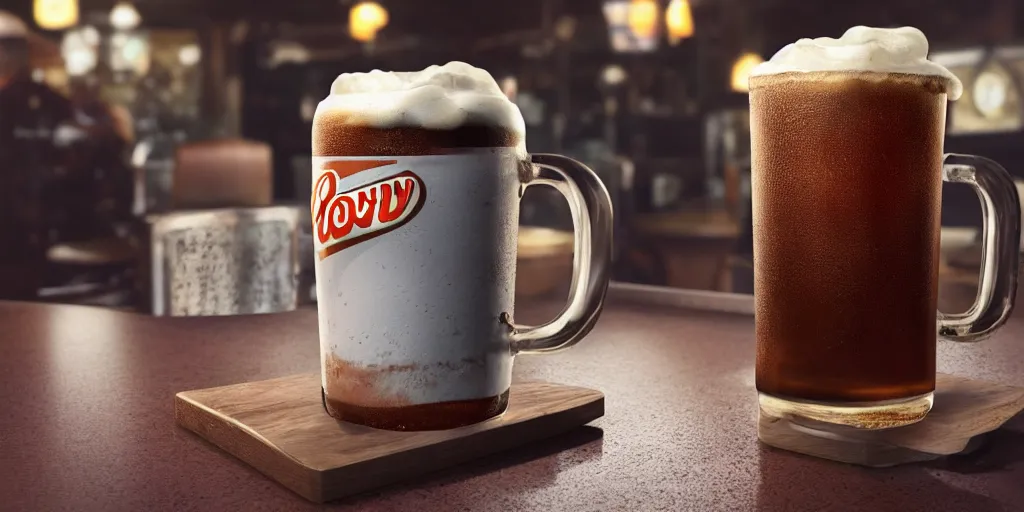 Prompt: a 3 d rendered movie still product shot an old - fashioned a & w root beer in a frosty mug. the mug sits on a wooden bar at a diner. imax, 7 0 mm dramatic lighting blade runner