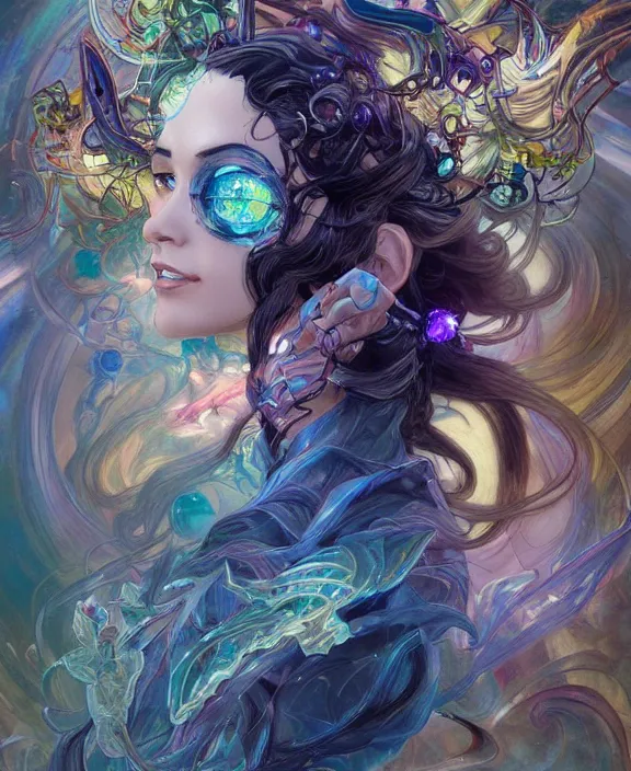 Image similar to a whirlwind of souls rushing inside the metaverse, half body, glowin eyes, tiara with sapphire, insect, d & d, fantasy, intricate, elegant, highly detailed, colorful, vivid color, digital painting, artstation, concept art, art by artgerm and greg rutkowski and alphonse mucha and ruan jia