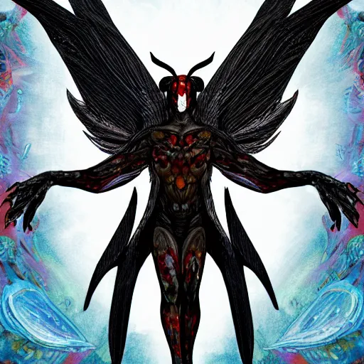 Image similar to 4K headshot of godlike mothman with defined arms and open hands and bloody clothes with giant mandala wings , intricate face , flawless anime cel animation by Kentaro Miura, psychedelic , highly detailed upper body , professionally post-processed , beautiful, scary, symmetry accurate features, epic, octane rendered, anime masterpiece, accurate