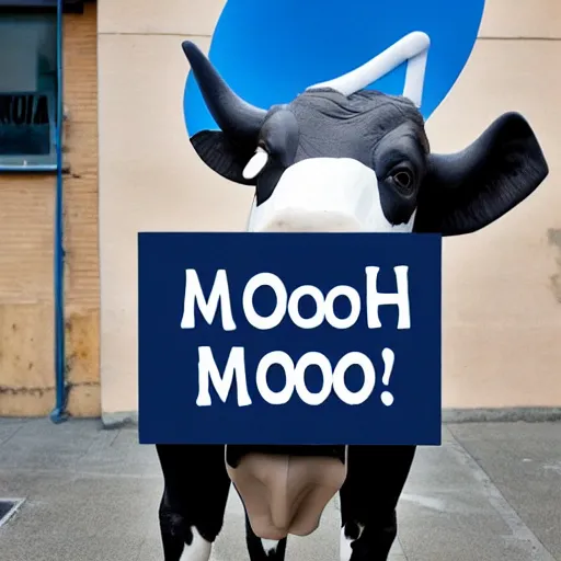 Prompt: a humanoid cow holding a sign that says'mooo ', letters coloured blue, digital art, trending on artstation and unreal engine, smooth, sharp focus, hyperdetailed