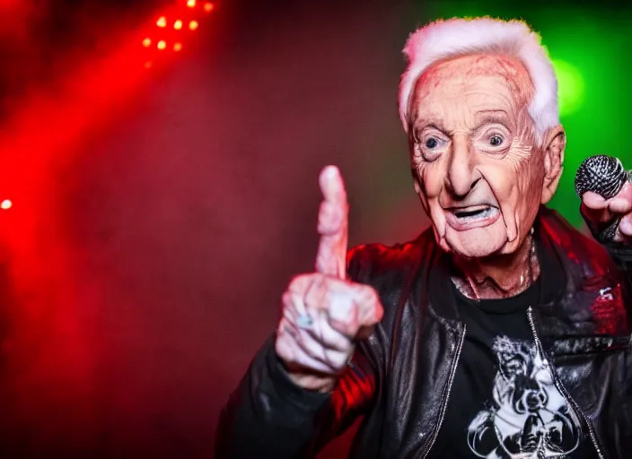 Image similar to publicity photo still of bob barker in a death metal band playing live on stage, 8 k, live concert lighting, mid shot