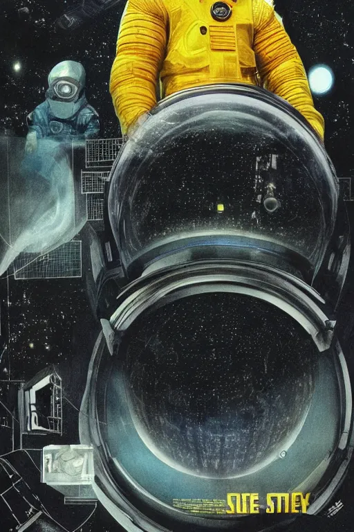 Image similar to poster art, movie poster, retrofuturism, sci - fi, textured, paper texture, 2 0 0 1 : a space odyssey by edward valigursky, yellow space suit, space station