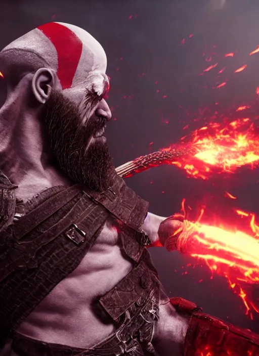 Image similar to red facial stripe armored screaming kratos rocking hard on a flaming stratocaster guitar, cinematic render, god of war 2 0 1 8, playstation studios official media, lightning, flames, clear, coherent, guitar