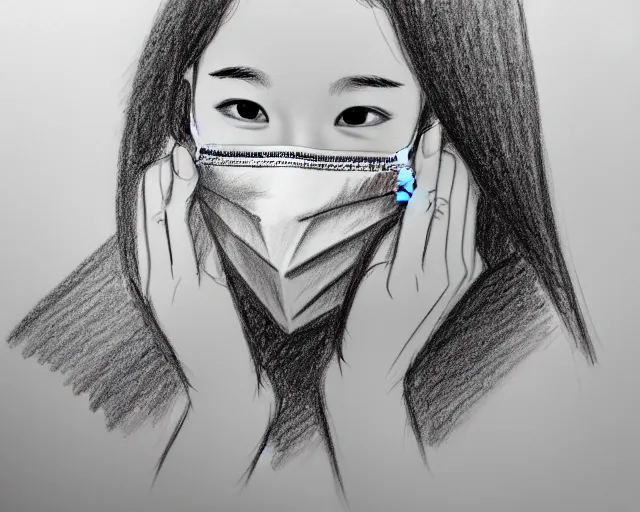 Prompt: draft drawing of a man covering her face with mask, a sketch by choro choi, thin stroke, trending on artstation, context art, pencil sketch, high detail