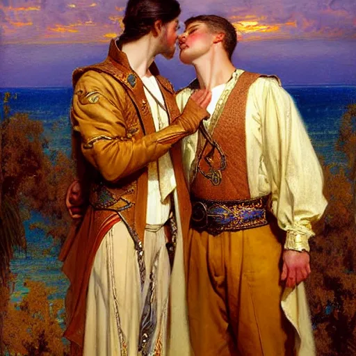 Image similar to attractive fully clothed king confesses his love for his attractive fully clothed male prince. highly detailed painting by gaston bussiere, mark brooks, j. c. leyendecker