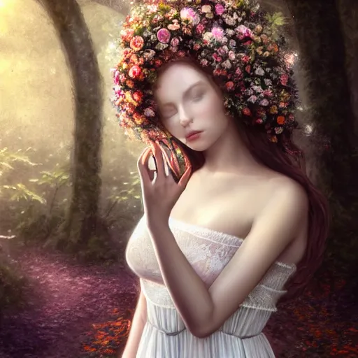 Prompt: a picture of a beautiful woman in a white lace dress and covered in flowers and leaves sitting in an enchanted forest, sunset, high fantasy, elegant, epic, detailed, intricate, digital painting, concept art, realistic detailed face, smooth, focus, soft volumetric light through the trees,