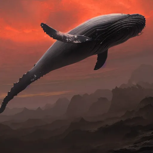 Prompt: a whale flying over an eldritch apocalyptic landscape covered in monstrosities by bekinski, fantasy art, 4k, HDR, photorealistic, 8k, trending on artstation