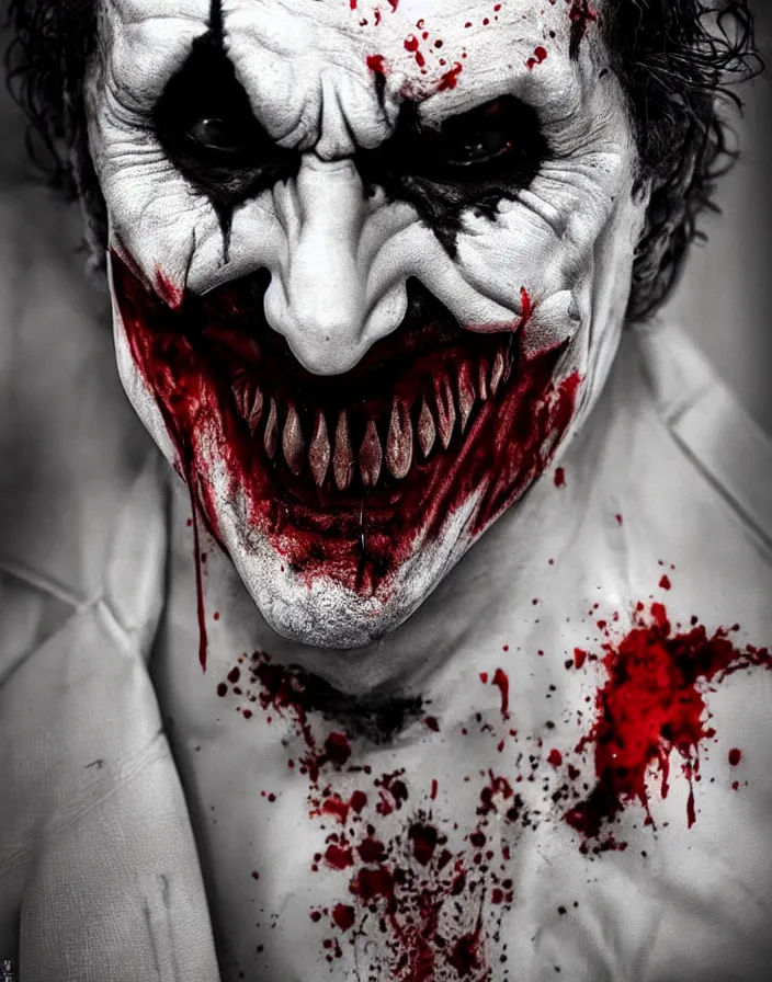 Prompt: a really creepy photography of joker the batman nemesis, hyper realistic, ultra detailed, portrait photo, horror, blood