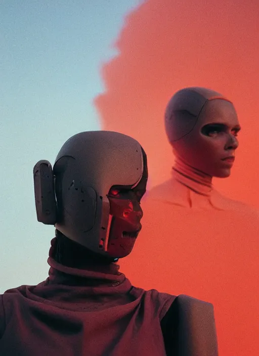 Image similar to cinestill 5 0 d photographic portrait by steve mccurry of two loving female androids wearing rugged black mesh techwear in a brutalist compound with a red sky, extreme closeup, cyberpunk style, dust storm, 8 k, hd, high resolution, 3 5 mm, f / 3 2, ultra realistic faces, ex machina