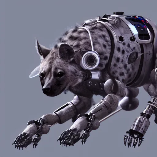 Image similar to pet robot hyena, cyborg with exposed wires and metal, lights, camera lenses for eyes, realistic high quality concept art