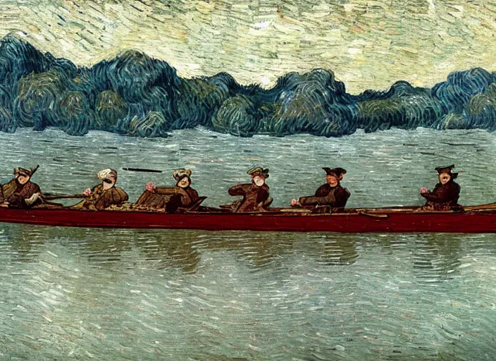 Image similar to Washington Crossing the Delaware, Dramatic Portrait Oil on Canvas, Heroic Patriotic Godd Bless America, Artwork by Vincent van Gogh