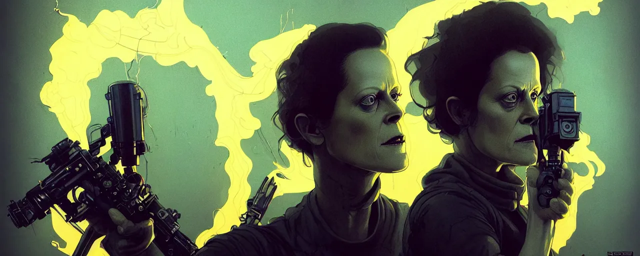 Image similar to duotone dark concept illustration 3 / 4 portrait of sigourney weaver as ellen ripley with flame thrower. cinematic volumentric lighting space. golden ratio accidental renaissance. by sachin teng and sergey kolesov and ruan jia and heng z. graffiti art, scifi, fantasy, hyper detailed. octane render. concept art. trending on artstation