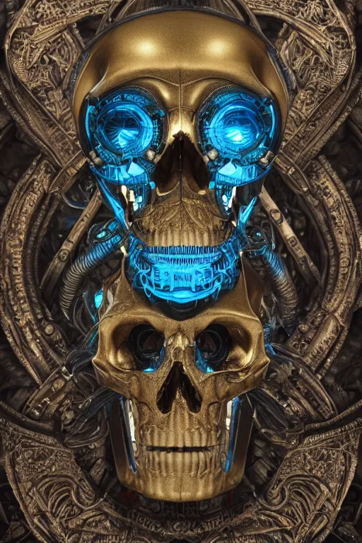 Image similar to hyperrealistic 3d render ultra detailed of a skull, art deco, steam punk, intricate gears details, hyperrealistic, Volumetric lighting, ultra detailed, elegant, octane render, blue and gold, 8k, trending on Artstation, unreal engine