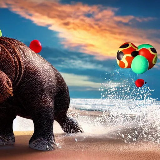 Image similar to a closeup photorealistic photograph of a cute smiling knitted tiger hippopotamus chasing a beachball at sunset. surf in the background. professional capture. this 4 k hd image is trending on artstation, featured on behance, well - rendered, extra crisp, features intricate detail, epic composition and the style of unreal engine.