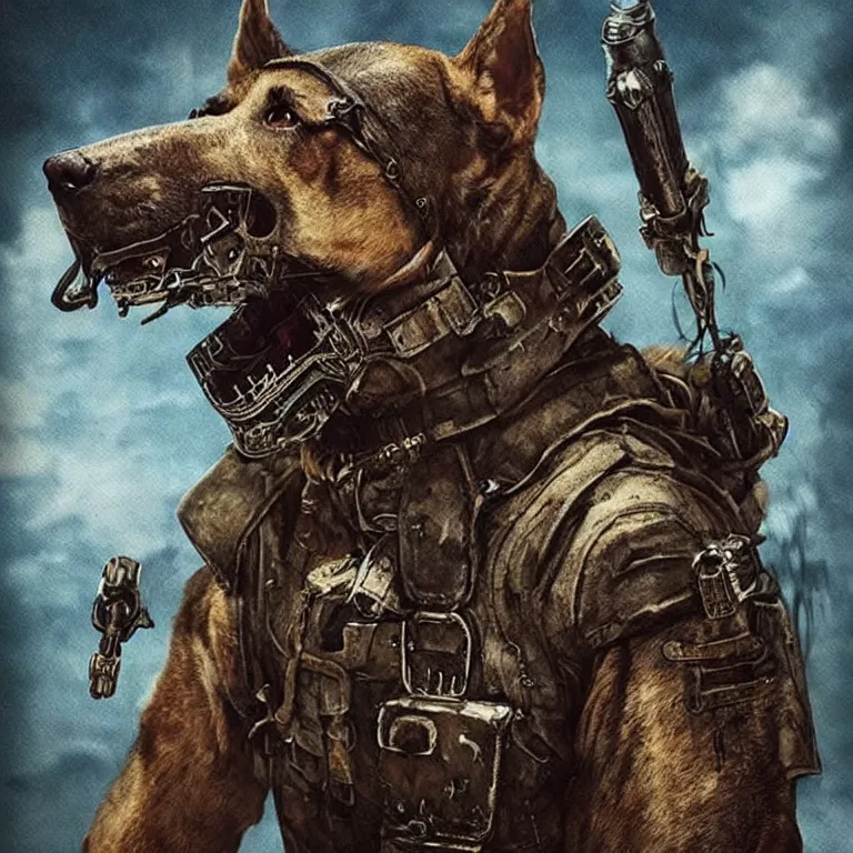 Image similar to a good ol'hound dog fursona ( from the furry fandom ), heavily armed and armored facing down armageddon in a dark and gritty version from the makers of mad max : fury road. witness me.