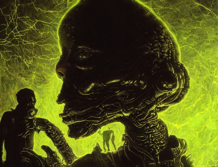 Prompt: a close - up view portrait of a silhouetted supernatural wizard in brutalist halls with metallic alien technology. close - up view, detailed textures. glowing green purple fog, dark black background. highly detailed fantasy science fiction painting by moebius, norman rockwell, frank frazetta, and syd mead. rich colors, high contrast