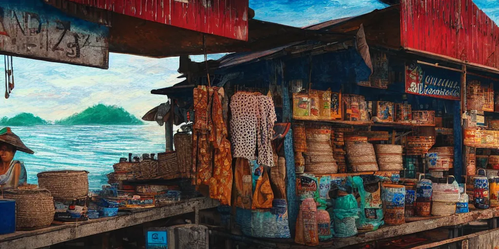 Prompt: extreme close - up of a sundry shop at pulau indah fishing village, near a jetty, early morning, detailed matte painting, low angle view, telephoto lens, bokeh, studio ghibli, artstation