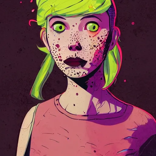 Image similar to Highly detailed portrait of pretty punk zombie young lady with freckles by Atey Ghailan, by Loish, by Bryan Lee O'Malley, by Cliff Chiang, inspired by image comics, inspired by graphic novel cover art, inspired by papergirls !! Gradient color scheme ((grafitti tag brick wall background)), trending on artstation